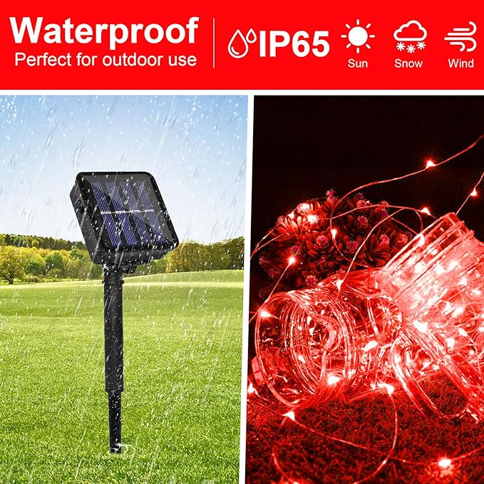Solar Powered String Lights Outdoor, 2 Pack Total 200 LED 66FT Solar Powered Decorative Fairy Lights 8 Modes for Valentines Day Decor, Garden, Patio, Party, Yard, Christmas(Red)