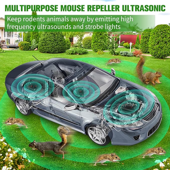 Ultrasonic Mouse Repellent for Car Engines, Animal Repeller Device Portable Mouse Blocker with Strobing Light, Under Hood Animal Repeller Rat Squirrel Deterrent for Outdoor Indoor Car Garage Attic