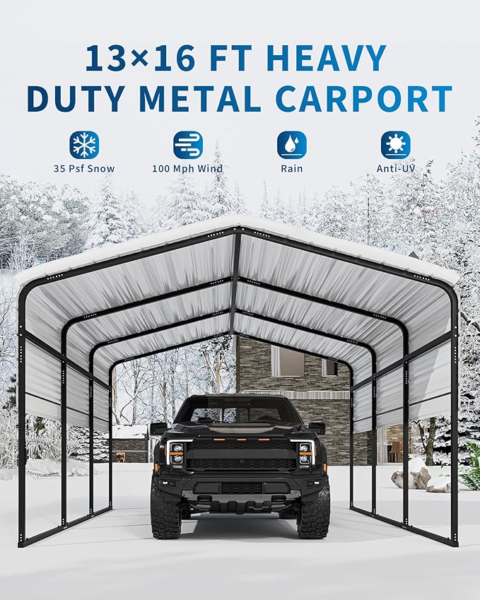 13' X 16' X 8.5' Heavy Duty Metal Carport with Galvanized Roof, Weatherproof Car Garage Shelter, All-Weather Permanent Cover for Cars/Trucks/Boats/Tractors
