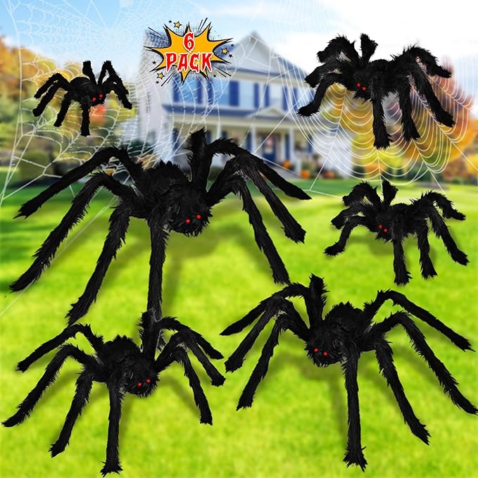 Dreampark Halloween Spider Decorations, 6 Pcs Realistic Hairy Spiders Set, Scary Spider Props for Indoor, Outdoor and Yard Creepy Decor (6 Different Sizes)