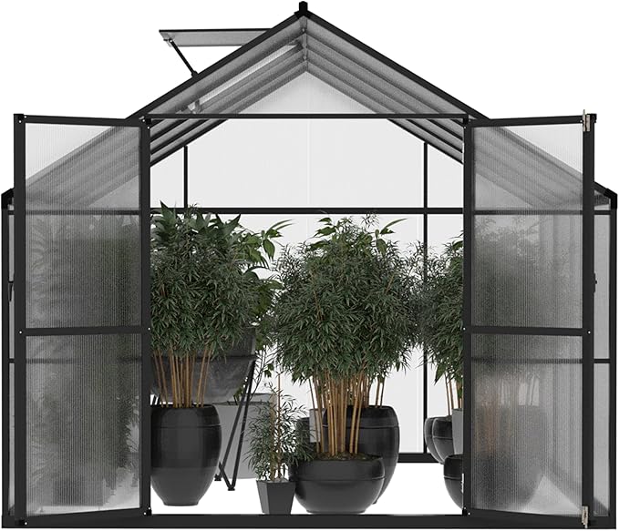 8x8 FT Outdoor Greenhouse Kit, Polycarbonate Aluminum Walk-in Greenhouse with Adjustable Roof Vent and Lockable Door, Backyard Garden in Winter, Gray
