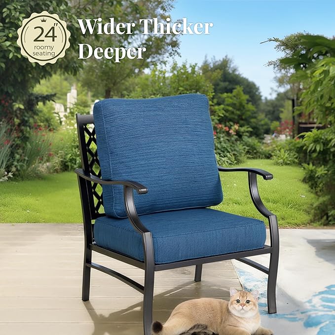 Patio Furniture Set, 6 Pcs Metal Outdoor Conversation Set, 2 Single Chairs, 2 Ottomans and 3 Seater Sofa with 5.75" Extra Thick Cushion and Gas Fire Pit Table, Gemstone Blue