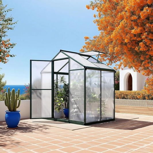 4 x 6.25 FT Greenhouse for Outdoors, Polycarbonate Greenhouse with Aluminum Frame, Lockable Door, Roof Vent and Rain Gutter, Large Walk-in Green Houses for Patio Garden Outside, Green
