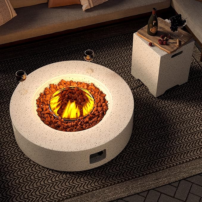 SUNBURY Outdoor Propane Fire Pit Table, 42 Inch 50000 BTU Round Spotted White Patio Gas Fire Table w Tank Cover Table, Lava Rocks, Waterproof Cover