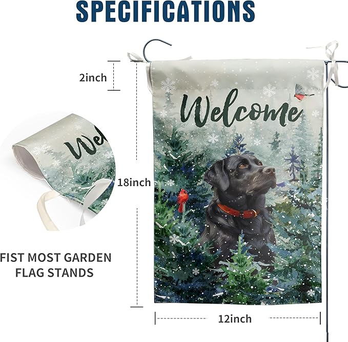 Welcome Winter Garden Flags Black Lab Garden Flag Cardinal Birds on Snowy Pine Tree Flag Labrador Dog Yard Flags for Outside 12x18 Double Sided Christmas Decorative Lawn Flags