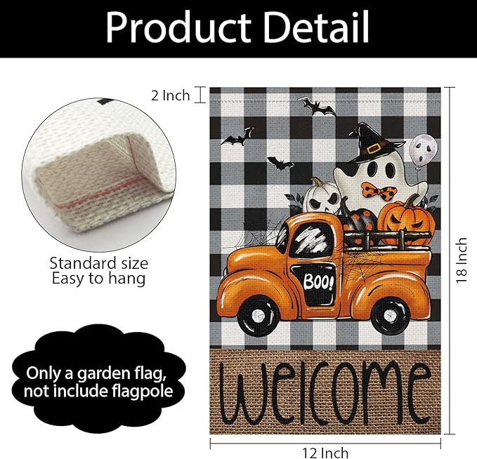 Welcome Halloween Garden Flag 12x18 Inch Double Sided for Outside，Buffalo Plaid Rustic Ghost Pumpkin Truck Flag Farmhouse Yard Outdoor Decoration