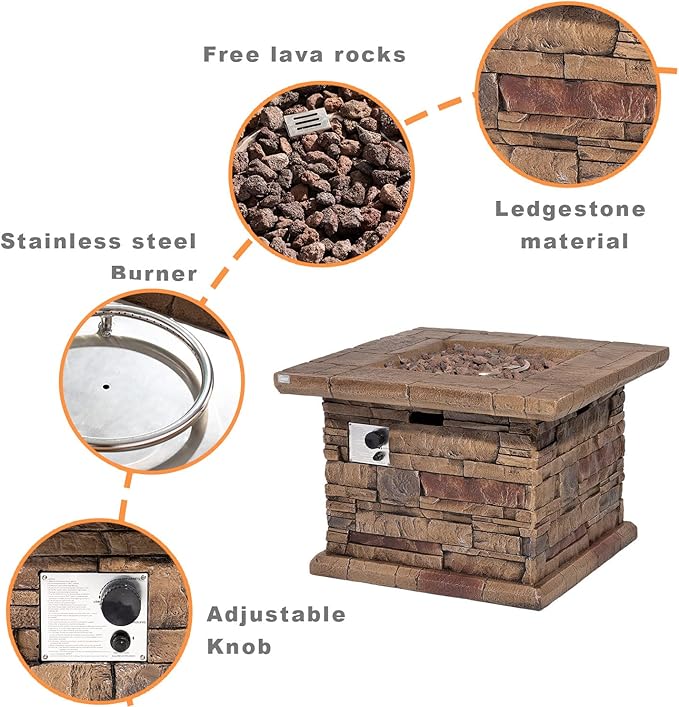 COSIEST Outdoor Propane Fire Pit Table w Faux Brown Ledgestone 32-inch Square Fire Table, CSA Certified, 50,000 BTU Stainless Steel Burner, Free Lava Rocks, Fits 20lb Tank Inside