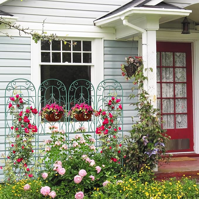 SUNYRISY 4Pack Metal Garden Trellis for Climbing Plants Outdoor, Metal Plant Trellis for Flowers Tomato Cucumber Rose Vegetable Support Garden Decoration, Green