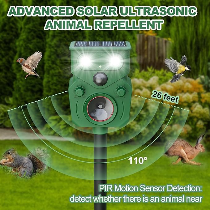 Ultrasonic Animal Repeller Solar Powered Squirrel Repeller Motion Sensor Deer Deterrent Rabbit Cat Dog Control Device with 5 Modes and Flashing Lights Outdoor Yard Lawn Orchard Garden