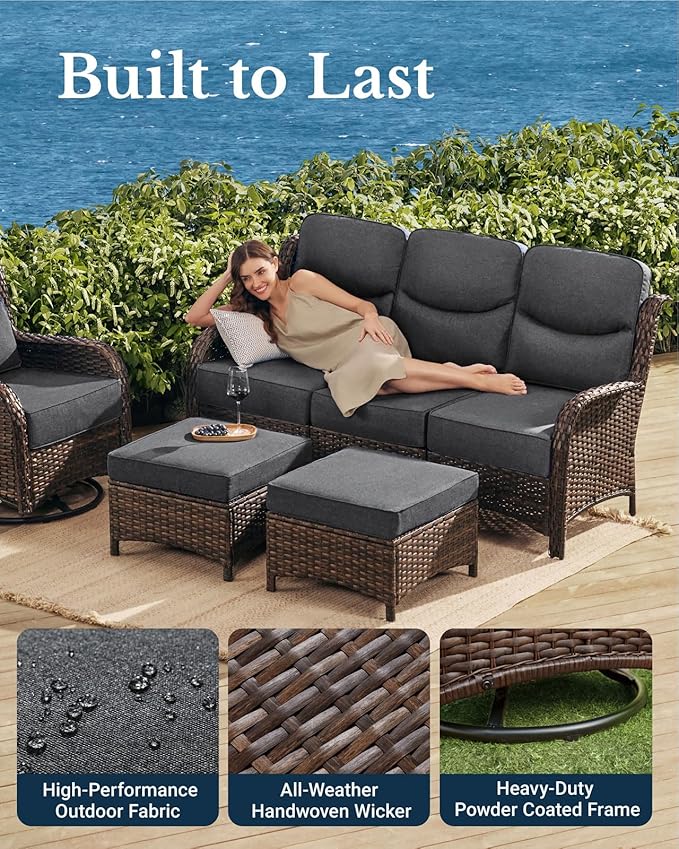 HILLGA Luxury High Back Patio Furniture Set with 6-Inch Thick Cushion, 6-Piece Outdoor Conversation Set with Sofa, Swivel Rocker Chairs & Ottomans, Ideal for Porch Pool Deck Yard (Dark Grey)