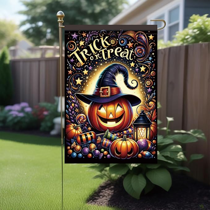 12 x 18 Inch Halloween Garden Flag Outdoor Pumpkin Witch Hat Trick or Treat Yard Decoration Double Sided Autumn Holiday Seasonal Banner for Lawn Patio Party Candy Lantern Fall Theme