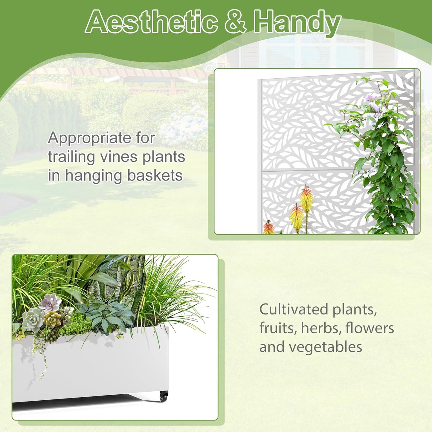 Raised Garden Bed with Trellis and Wheels,73"x35"x16" Metal Raised Garden Bed,White Flowing Leaf Metal Planter with Climbing Trellis for Vines & Vegetables