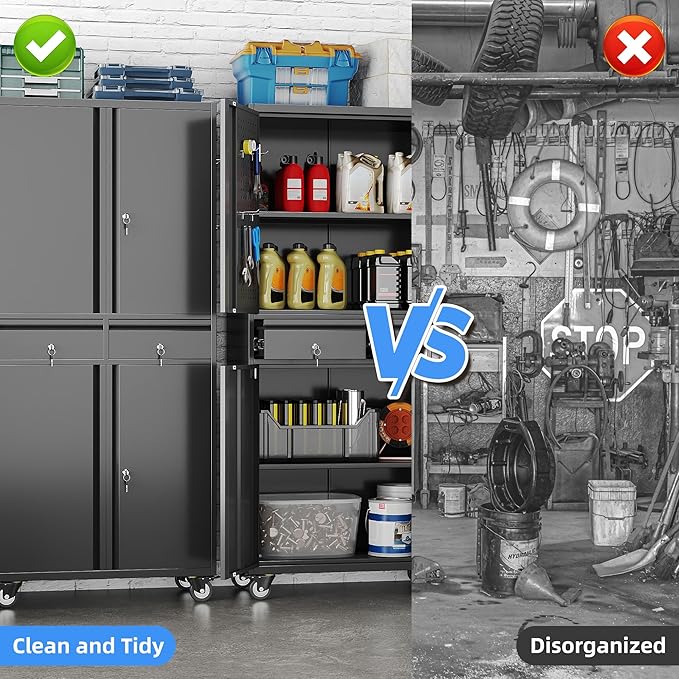 71" H Rolling Tool Storage Cabinet with Pegboard and 2 Drawers,Metal Garage Storage Cabinet with Wheels and Doors for Garage, Warehouse,Home,Required Assembly,Black