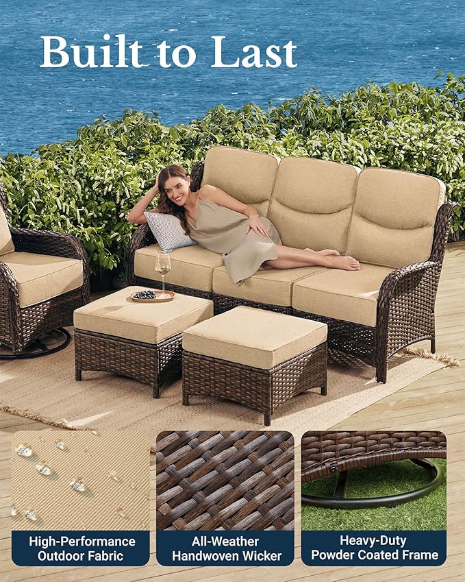 HILLGA Luxury High Back Patio Furniture Set with 6-Inch Thick Cushion, 8-Piece Outdoor Conversation Set with Sofa, Swivel Rocker Chairs & Ottomans, Ideal for Porch Pool Deck Yard (Beige)
