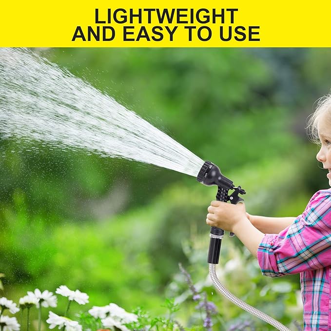 FOXEASE Metal Garden Hose 50 ft - Stainless Steel Water Hose with 2 Nozzles, Lightweight, Tangle Free & Kink Free, Heavy Duty, High Pressure, Flexible, Dog Proof
