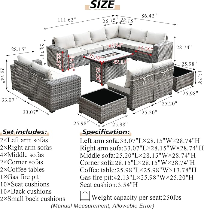 HOOOWOOO 13 Piece Modular Patio Outdoor Sectional Furniture Set with Gas Propane Fire Pit Table,Wicker Conversation Sofa Set,Out Door Couch Set with Wide Arm Outside(Beige)