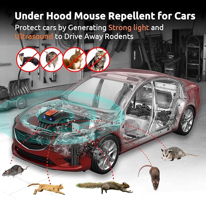 Rodent Repeller for Car Engines, 4 Pack Pest Repellent Ultrasonic for Under Hood with Light Strobe, Truck Engine Rodent Defense Vehicle Protection Mouse Repellent for Rats, Mice, Squirrels, Cats