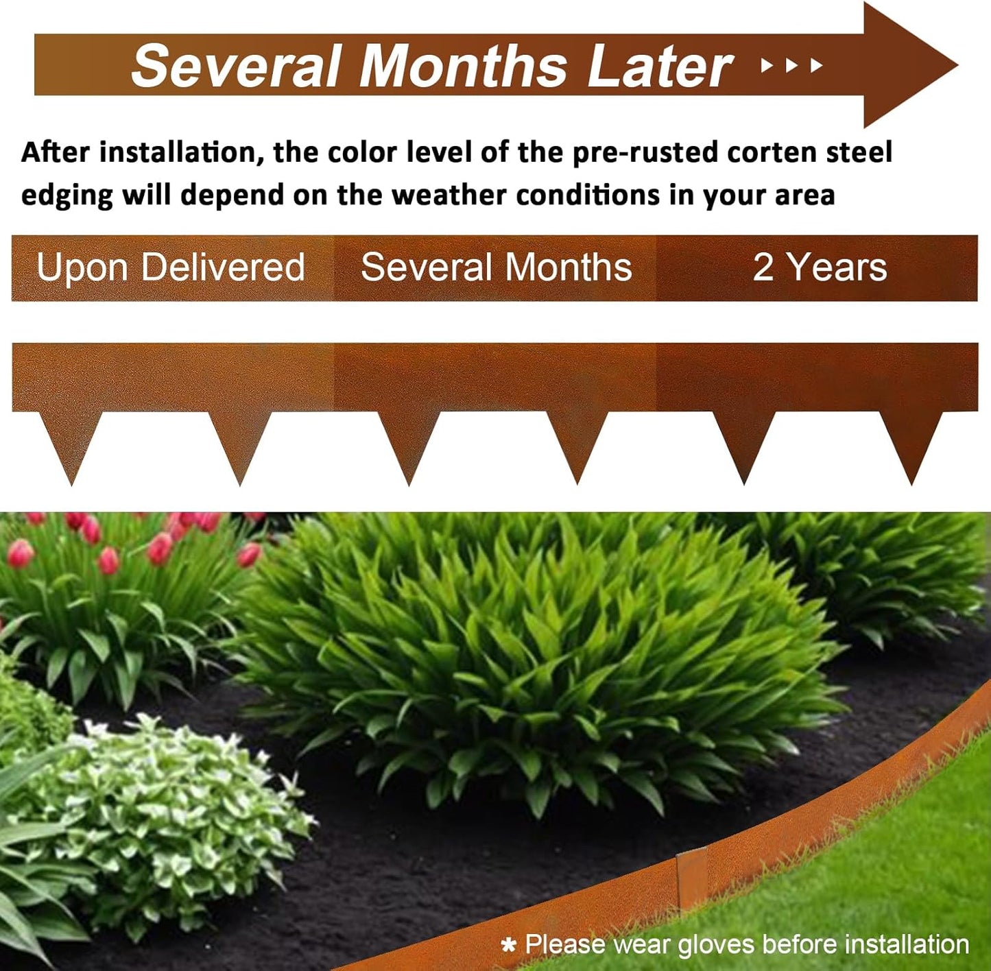 Hugeleaf 4.5 Inch Pre-Rusted Cor-Ten Steel Landscape Edging with 11 Pcs Metal Clips, Hammer-in Heavy Duty Metal Edging Pack of 10 (33 Feet Total Length) -Edge for Lawn Garden Yard