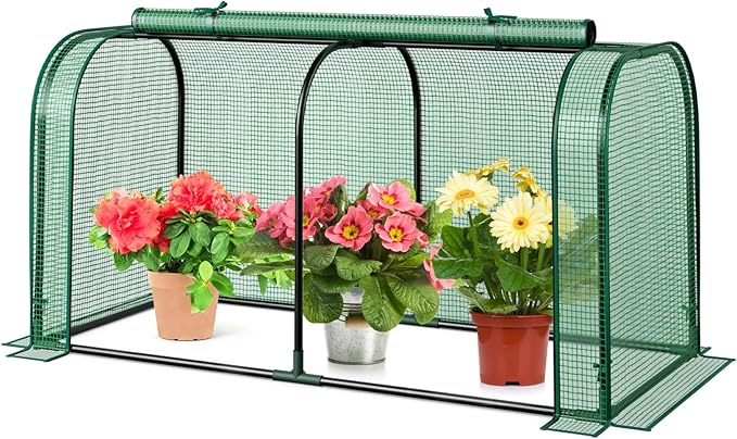 Happygrill Portable Mini Greenhouse, 47" x 22" x 24" Green House w/ Roll-up Zipper Door, Metal Frame, Waterproof Sun-Protective PE Cover, Small Greenhouses for Raised Garden Bed, Outdoor (Green)