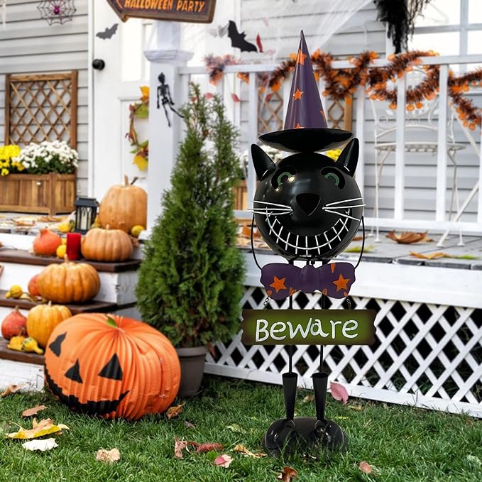 Halloween Decorations Outdoor Solar Lights- Metal Black Cat Statues with Witch Hat, 24 Inch Spooky Cat Figurine with Color Change LED Lights