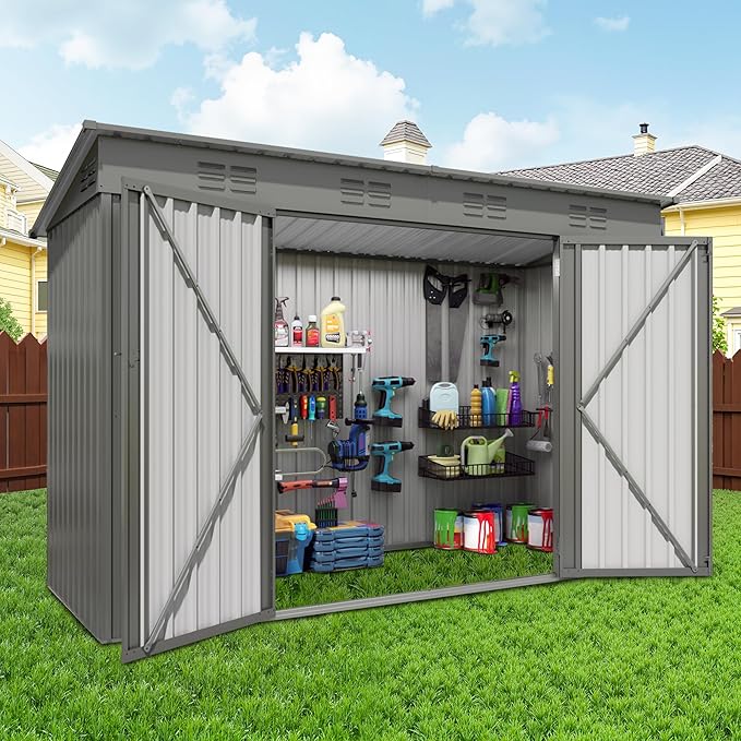 4x9 FT Outdoor Metal Storage Shed, Tool Shed with Pitched Roof and Lockable Door, Compact Garden Shed for Backyard Garden Patio Lawn, Gray
