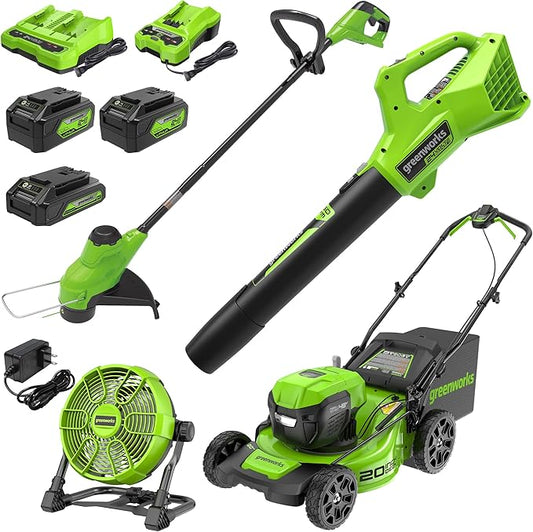 Greenworks 48V (2x24V) Lawn Mower Combo Kit with 20" Steel Deck, 12" String Trimmer, 320 CFM Blower, 10" Fan (500 CFM) – All-in-One Cordless Combo: Ideal for Home Yard Work & Indoor Cleaning