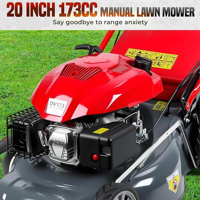 Lawn Mower Gas Powered, 173cc Engine Self Propelled Lawn Mower 20-Inch with 60L Grass Bag, 3-in-1 Mulching, Bagging & Side Discharge Self Propelled Walk-Behind Push Mower for Landscaping (Red)