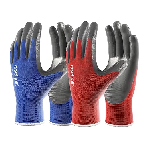 COOLJOB 10 Pairs Nitrile Dipped Safety Work Gloves with Grip, Non-slip Rubber Coated Bulk Garden Gloves for Men, Heavy-duty Oil Resistant for Truck Driver, Warehouse Box Handler, Small, Red Blue