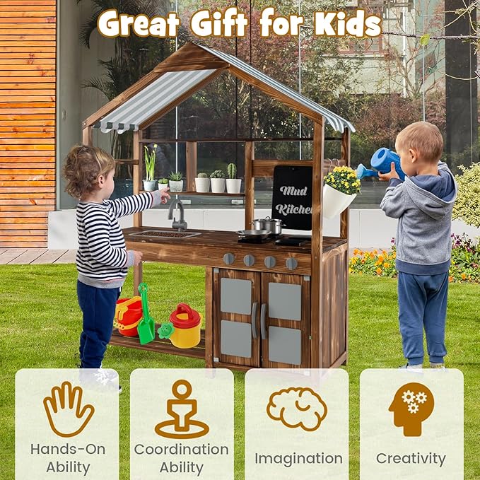 HONEY JOY Mud Kitchen with Canopy, Fir Wood Play Kitchen for Toddlers, Garden Sink, Stoves, Chalkboard, Storage Cabinet, Flowerpot, Outside Kitchen Playset, Mud Kitchen for Kids Outdoor Backyard