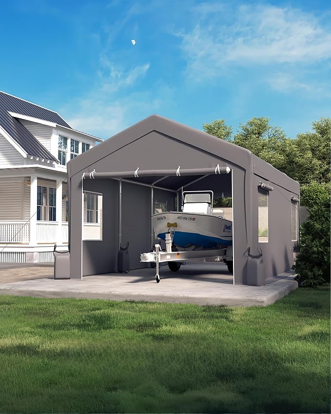 12' x 20' Ft Heavy-Duty Carport, Portable Garage, 180g PE Waterproof Canopy and 8 x 1.0 mm Poles for Full-Size Pickup Trucks, Boats, and SUVs - Gray