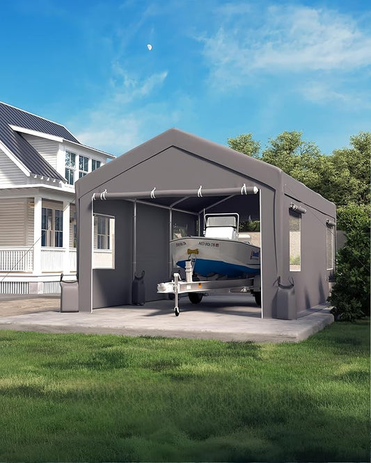 12' x 20' Ft Heavy-Duty Carport, Portable Garage, 180g PE Waterproof Canopy and 8 x 1.0 mm Poles for Full-Size Pickup Trucks, Boats, and SUVs - Gray