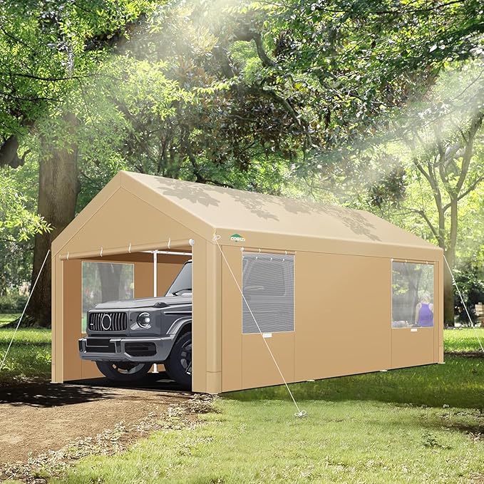 COBIZI Carport 10x20ft Heavy Duty Portable Garage, 2.0 Powder Coated Frame(Better Than Galvanized), Waterproof Shelter with Removable Sidewalls & Windows, Built-in Sandbags, for Car/Boat/SUV, Khaki