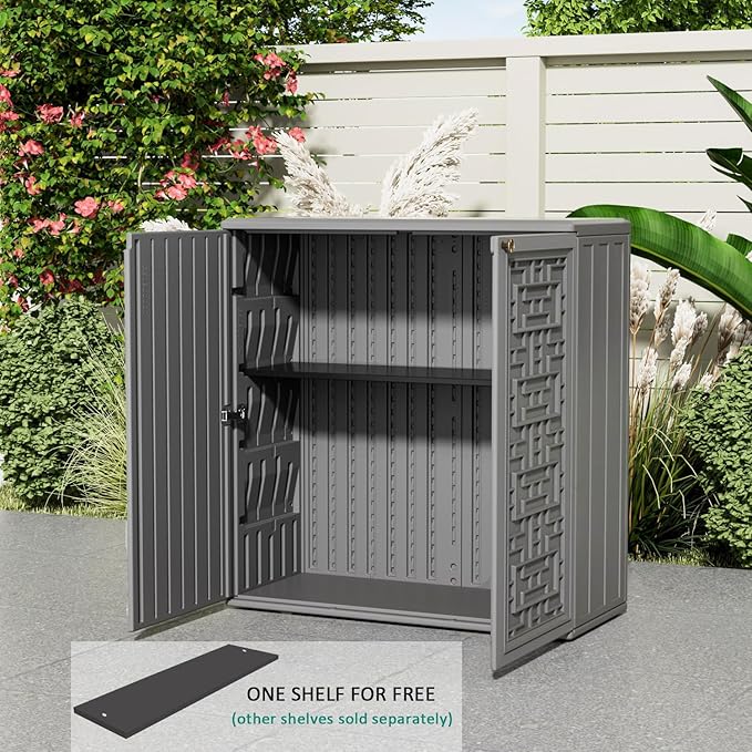 KINYING Outdoor Storage Cabinet Waterproof, Resin 60 Gallon Deck Box for Patio Furniture Cushions, Garden Tools, Pool Tools and Kids’ Toys (Grey with 1 Shelving)