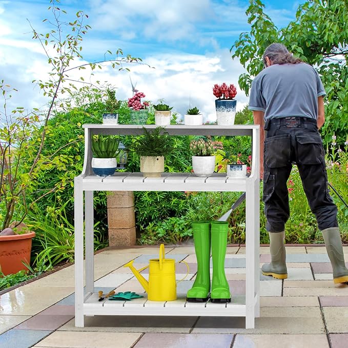 Premium Wood Potting Bench Table with Storage & Hooks - Durable All-Weather Garden Workstation for Patio, Deck & Yard - 360 lbs Capacity, Rust & Fade Resistant