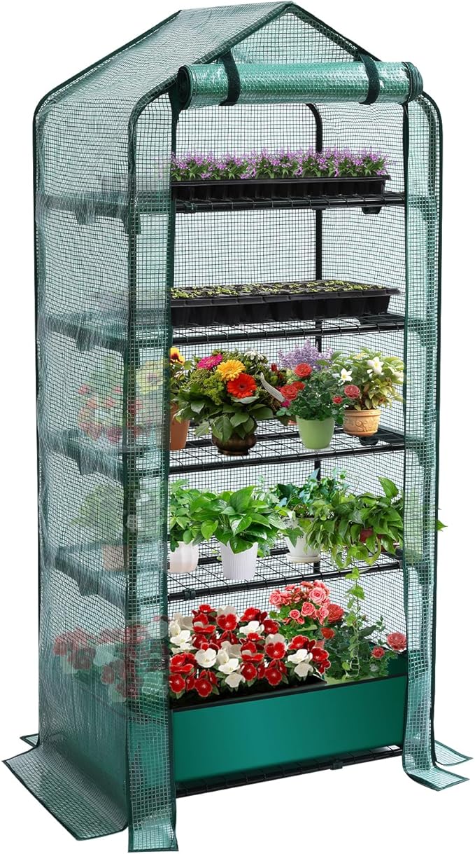 Mini Greenhouse for Indoor Outdoor, 5 Tier Shelves Rack Small Green House Heavy Duty with Waterproof Mat, Portable Plants Seedling Supplies Durable PE Plastic Cover with Tape, Gardening Gifts