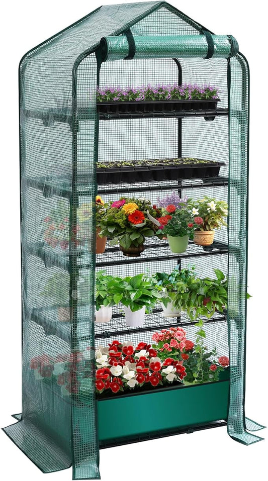 Mini Greenhouse for Indoor Outdoor, 5 Tier Shelves Rack Small Green House Heavy Duty with Waterproof Mat, Portable Plants Seedling Supplies Durable PE Plastic Cover with Tape, Gardening Gifts
