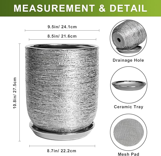 10 Inch Plant Pot - Ceramic Planter for Indoor Outdoor Flowers, Cylinder Modern Flower Pot with Drainage Hole and Saucer, Gifts for Plants Lovers, Home Garden Office House Decor, Silver