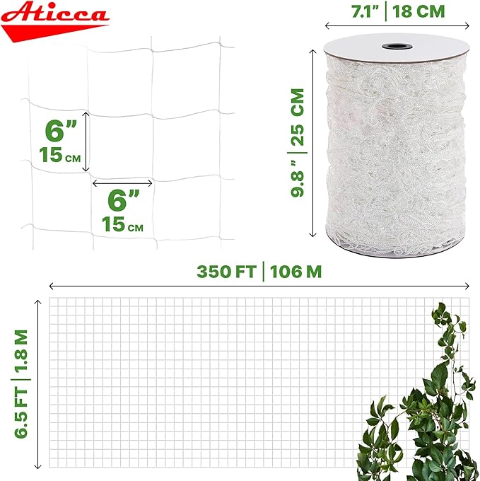Trellis Netting 6.5 x 350 ft Heavy Duty Polyester Plant Support Netting White - 6 Inch Garden Rope Trellis on Roll - Mesh Twine for Growing Vine Climbing Plants, Flowers, Peas, and Tomatoes.