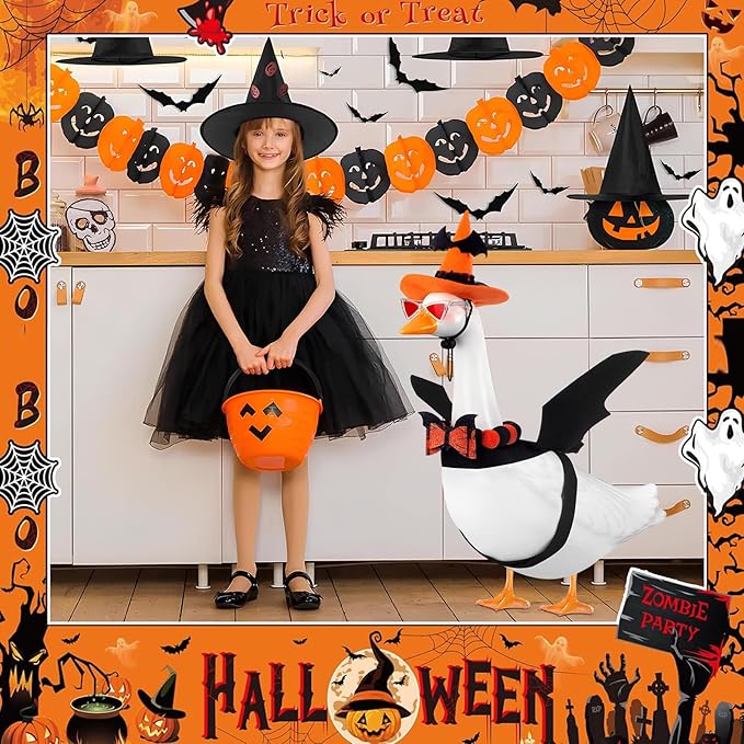 Halloween Porch Goose Outfit Set for 23'' Plastic Statue Lawn Porch Goose Clothes with Bat Wings Halloween Costumer for Indoor Outdoor Patio Yard Lawn Art Decor