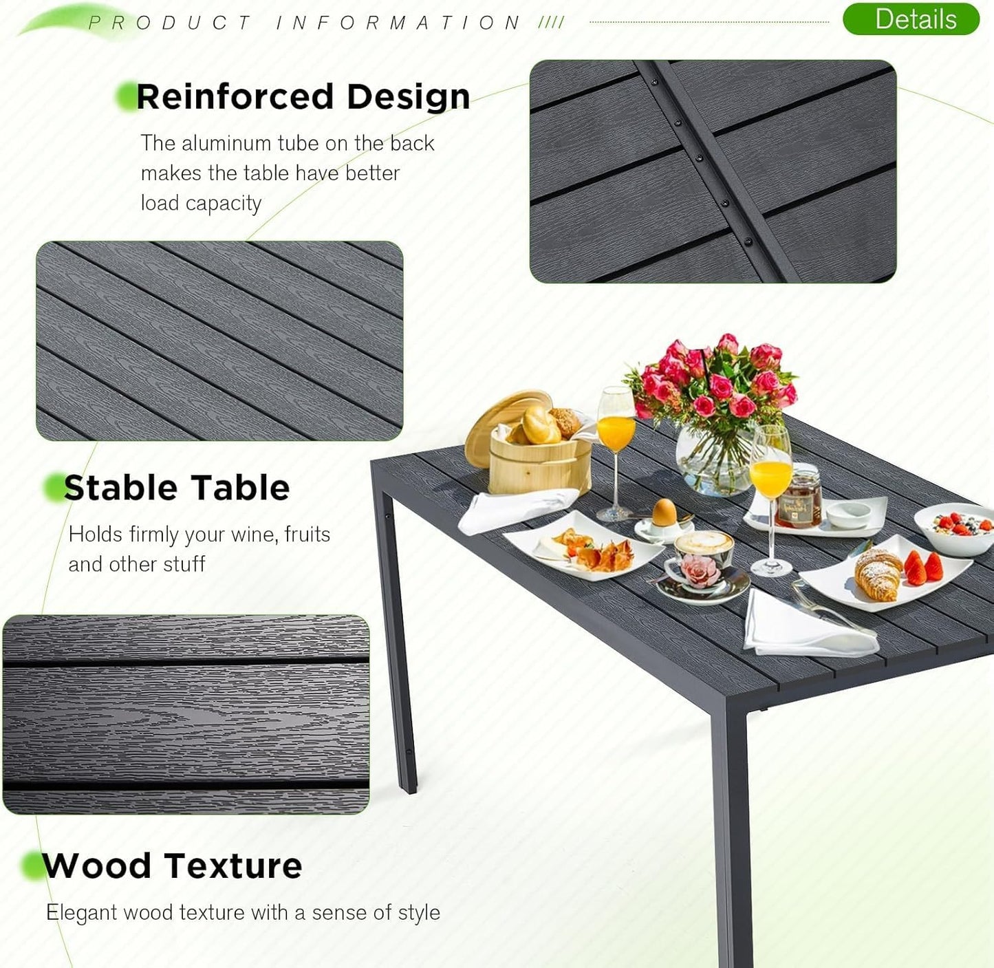 AECOJOY 60" Outdoor Dining Table, Aluminum Patio Table with Wood-Plastic Composite Tabletop,6 Seater Dining Table for Backyard Garden