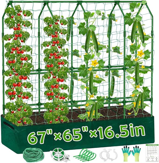 Large Cucumber Trellis for Climbing Plants with Grow Bag, 67"×65"×16.5" Metal Garden Trellis for Raised Bed with Garden Netting and Plant Clip Plant Ties for Vegetables, Squash, Pea, Grape, Tomato