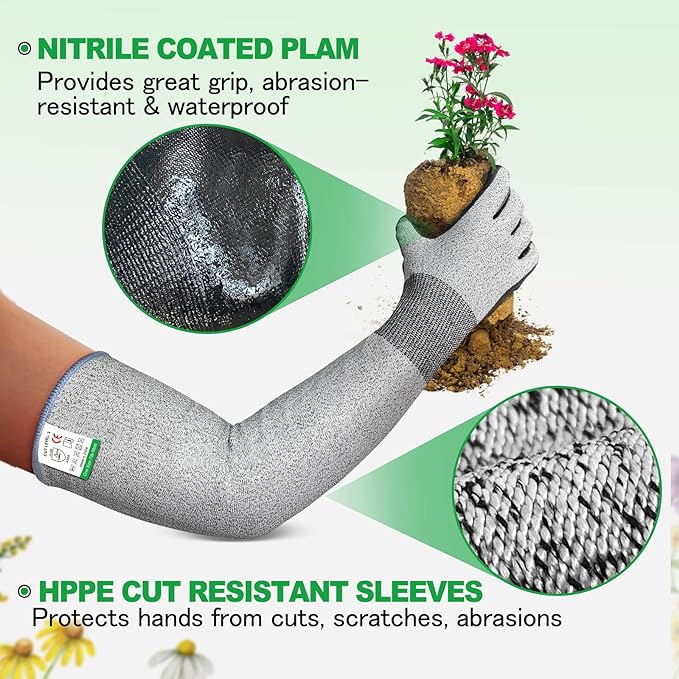 Evridwear Long Gardening Gloves Cut Resistant Sleeves with Anti-slip Nitrile Coated Palm for Gardening and Landscaping