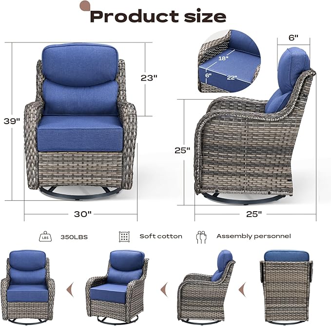6 Piece Outdoor Patio Swivel Rocker Chairs, Waterproof Wicker, High Back, Deep Seating, Wide Armrest, Upgraded 6 inch Thick Cushions, Side Table, Ideal for Deck Porch Yard, Mixed Grey/Blue