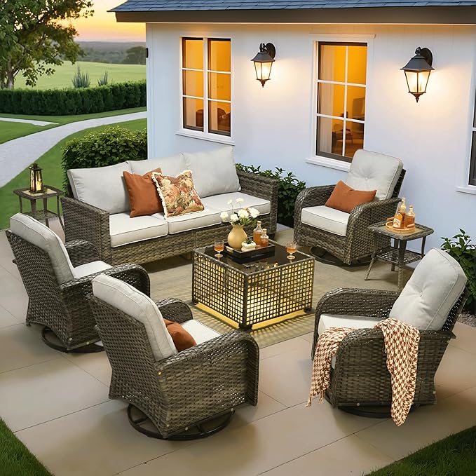 ovios 8 Pieces Patio Furniture Set, Outdoor Wicker Sofa Couch with Rocking Swivel Chairs Solar Lights Table, Modern Deep Seat Rattan Conversation Sets for Porch Deck, Grey