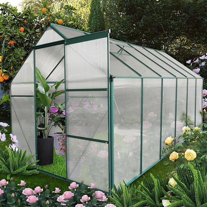 6x12 FT Greenhouse Outdoor Polycarbonate Hot House,Garden Plants Houses with Raised Base,Sliding Door and Adjustable Vent Roof for Patio,Easy to Install,Green