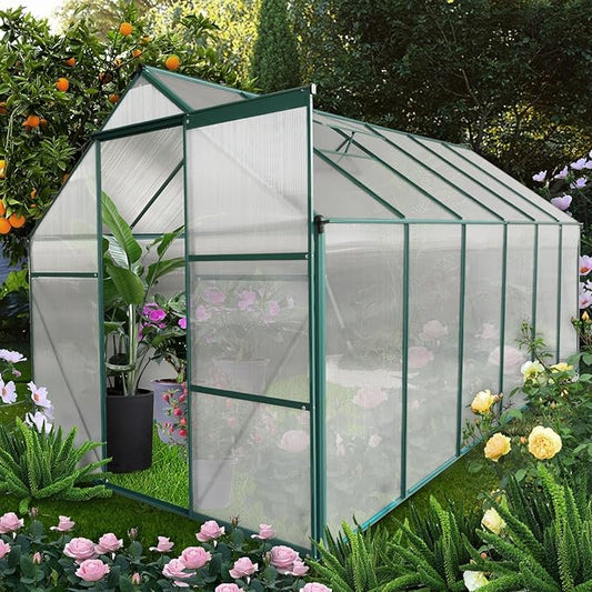 6x12 FT Greenhouse Outdoor Polycarbonate Hot House,Garden Plants Houses with Raised Base,Sliding Door and Adjustable Vent Roof for Patio,Easy to Install,Green
