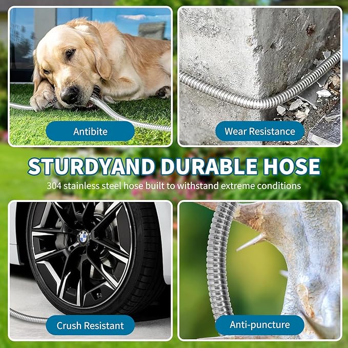Stainless Steel 25FT Garden Hose with 10 Functions, Adjustable Spray Nozzle, Flexible Durable No Kink Leak Dog Proof Metal Water Hose for Yard Lawn
