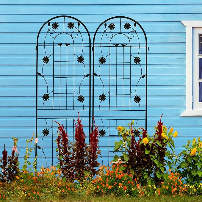 2 Pack Metal Garden Trellis for Climbing Plant Rose Stand, Black Outdoor 71'' Tall Flower Support Iron Garden Fence (Black 71''H