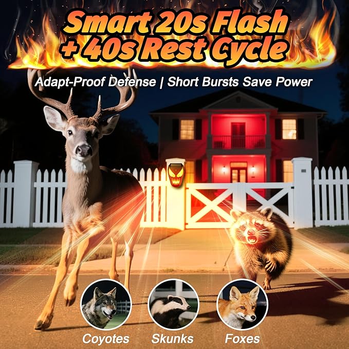 2 Pack Solar Racoon Repellent Outdoor Devices with Dynamic Flashing Lights, Effective Coyote, Raccoon, Skunk, Deer & Hawk Deterrent-Waterproof Predator Light for Chicken Coop, Garden, Farm