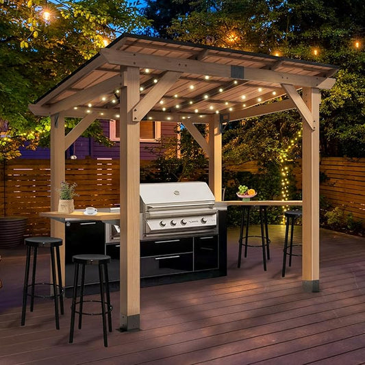 CHARMELEON 6'x8' Wood Grill Gazebo, Cedar Wood BBQ Grill Gazebo with 2 Side Storage Shelves, Pavilion with Hardtop Sloping Steel Roof for Outdoor, Patio, Barbecue, Garden, Deck